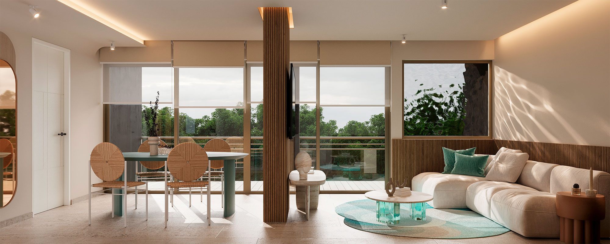 Corazón de Playa — open-plan living room with jungle view