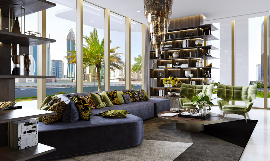 Contemporary loft — Roberto Cavalli furnishings and Dubai skyline