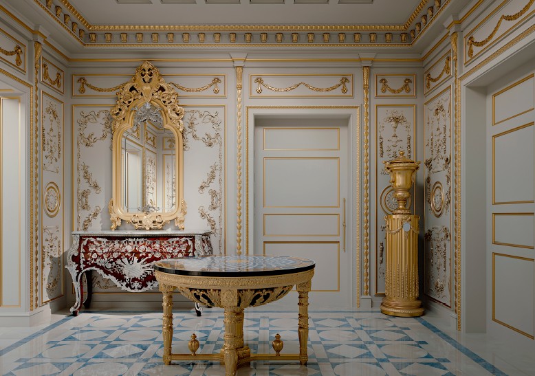 Ornate foyer with gold table