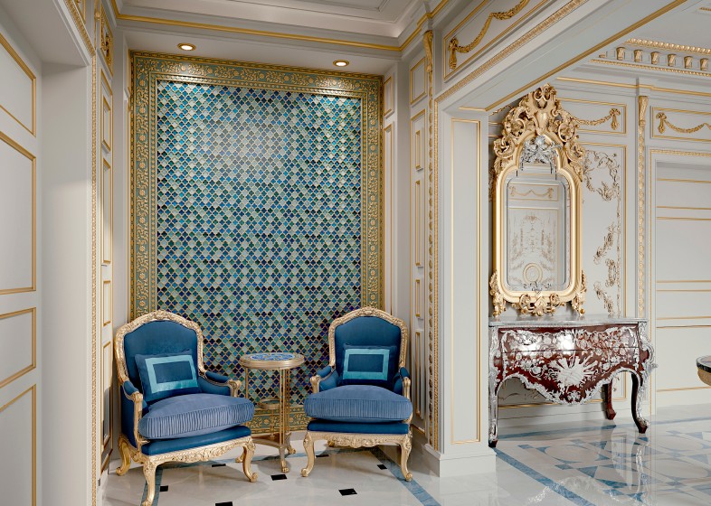 Blue accent seating with mosaic feature wall