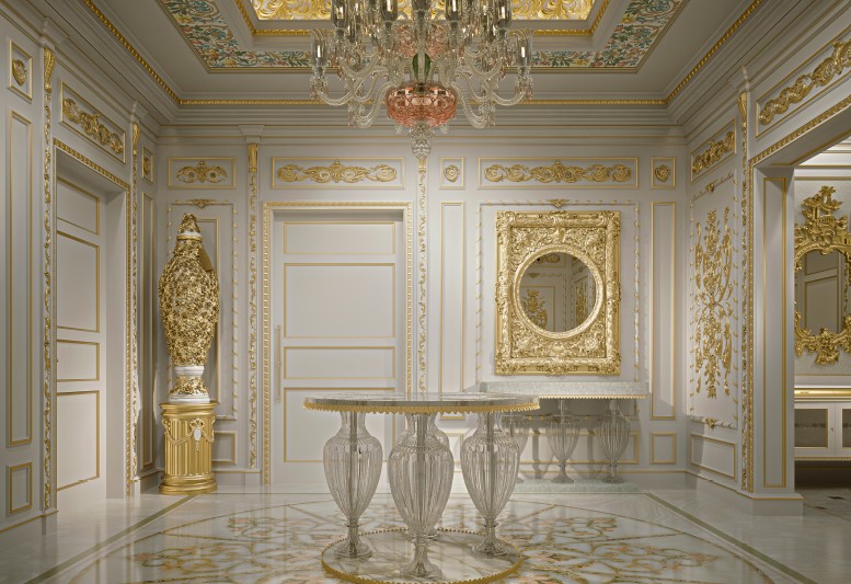Grand reception — crystal table and gilded mirror