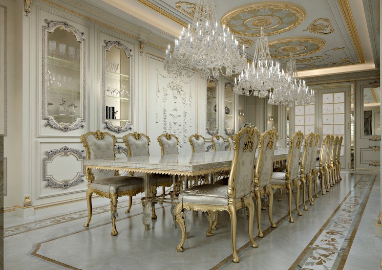 Formal dining — 16-seat gilded table with crystal chandeliers