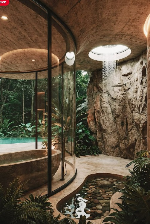 Bathroom with natural rock wall and rainforest shower