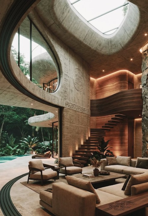Living room with stone fireplace and pool view