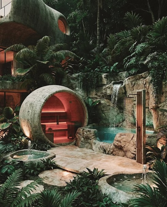 Infrared sauna pod and garden water feature
