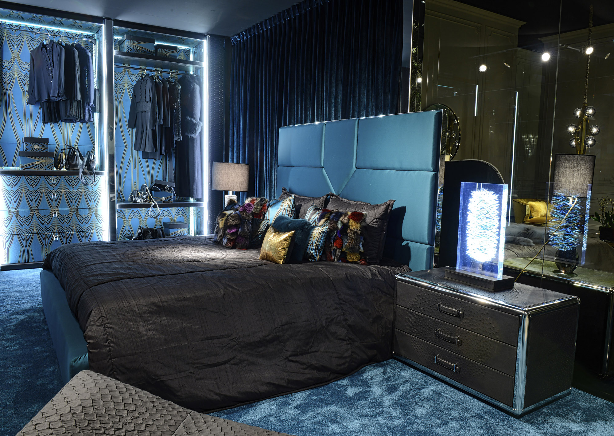 Master bedroom — teal blue leather and art deco dressing room