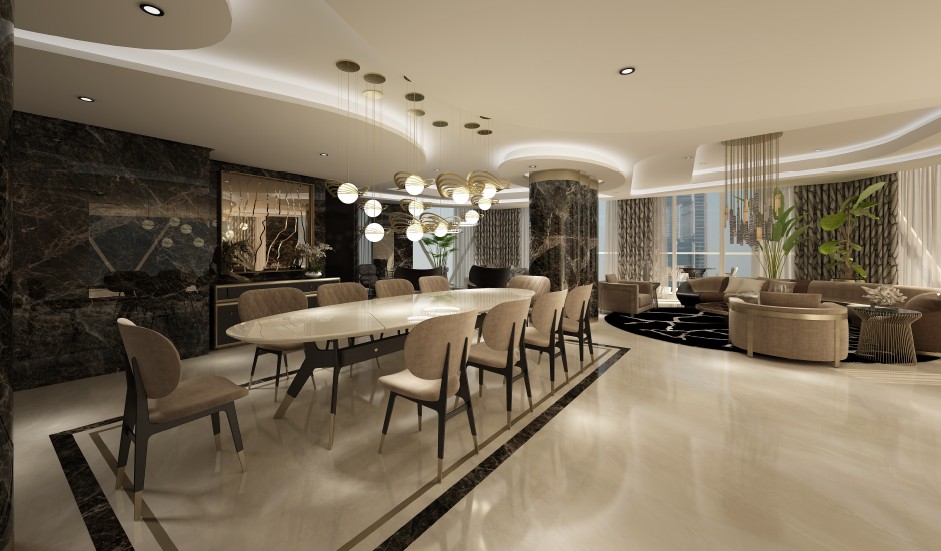 Dining room — dark marble and gold pendants