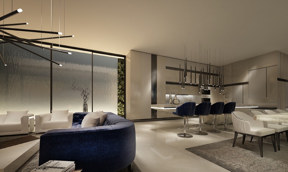 Living room — blue sofa and water feature wall