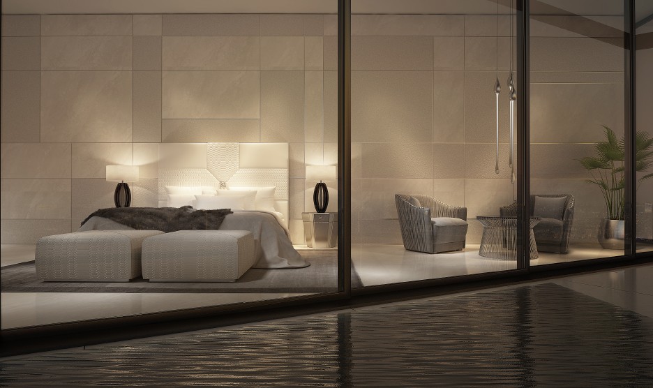 Bedroom reflected in glass