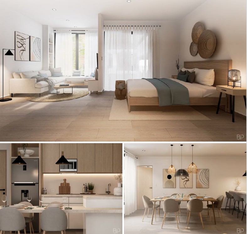 OKOM interiors — bedroom, kitchen, living
