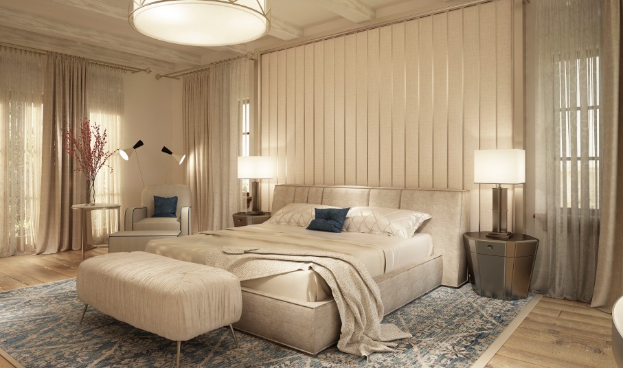 Bedroom — ivory linen and padded wall