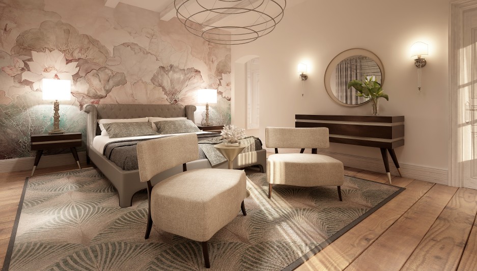 Bedroom — botanical mural and parquet